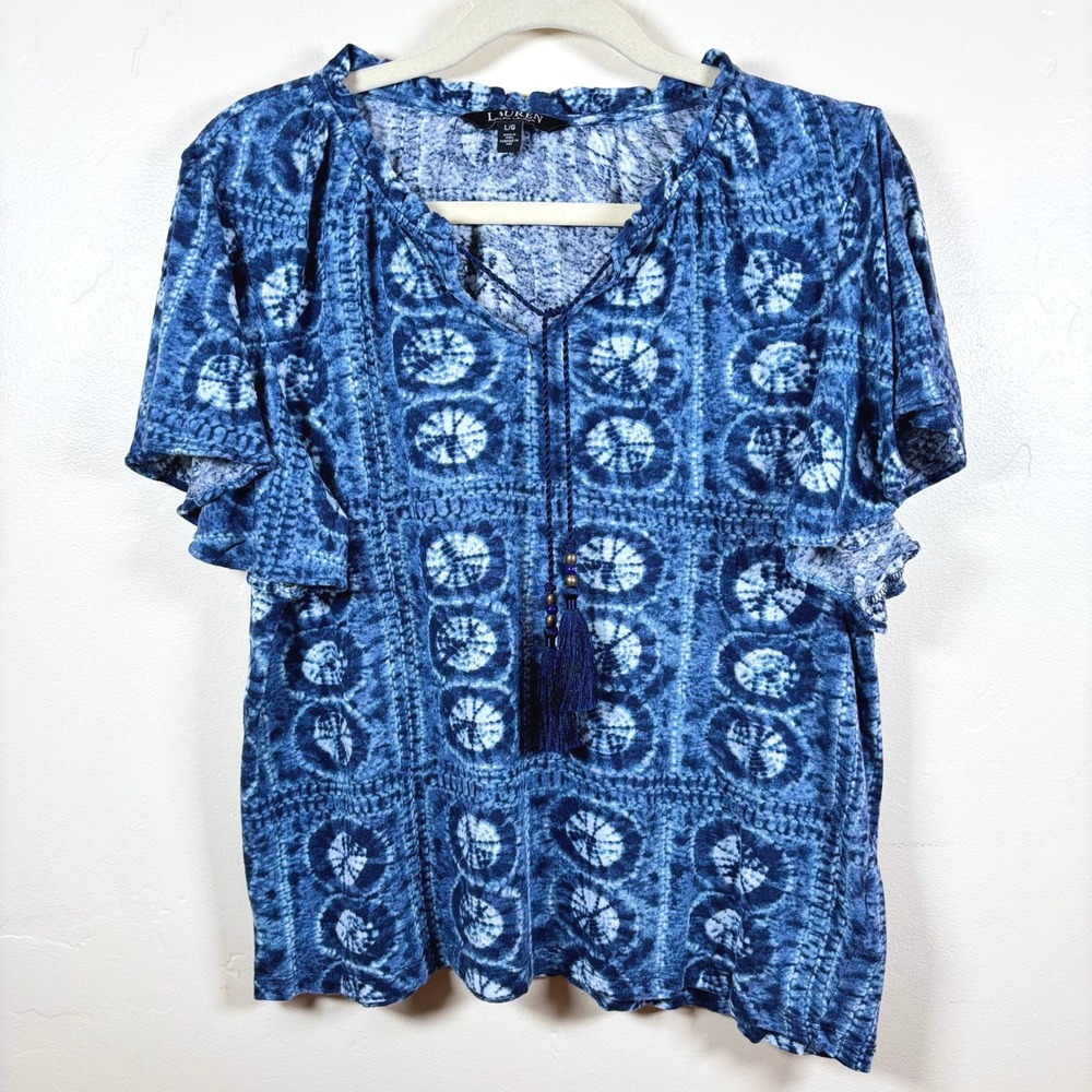 Lauren Ralph Lauren Blue Tie-Dye Print Short Sleeve Blouse